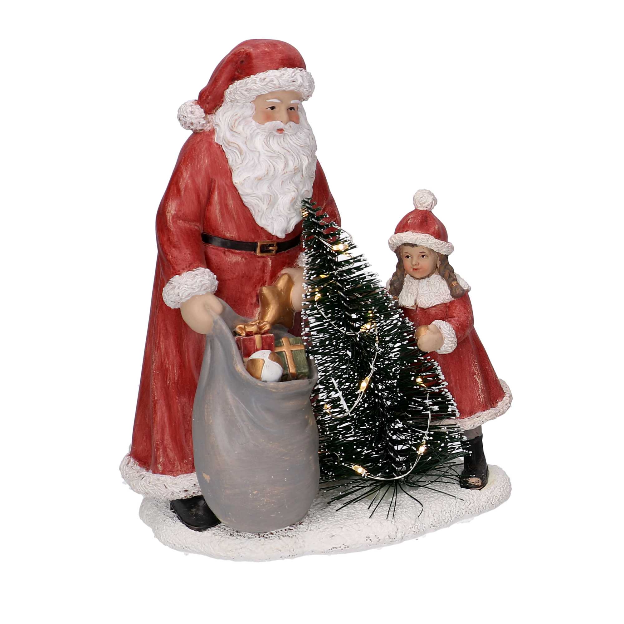 Statua resina babbo natale con bambina rosso con led cm15x11h18,5